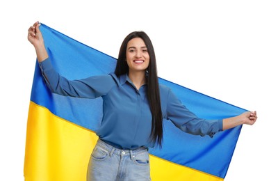 Photo of Young woman with flag of Ukraine on white background
