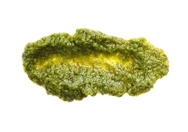 Photo of Sample of tasty pesto sauce isolated on white, top view