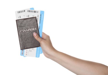 Photo of Woman holding passport with tickets isolated on white, closeup