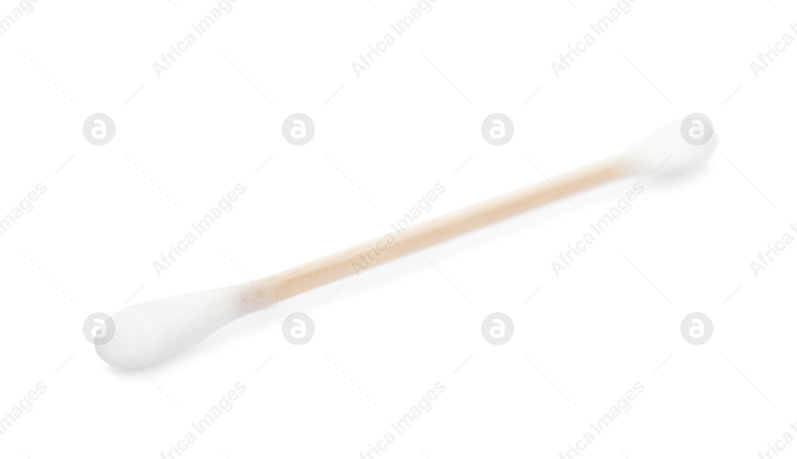 Photo of Wooden cotton swab on white background. Hygienic accessory