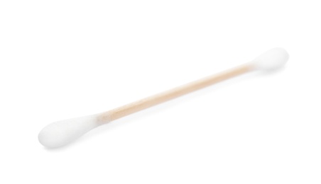 Photo of Wooden cotton swab on white background. Hygienic accessory