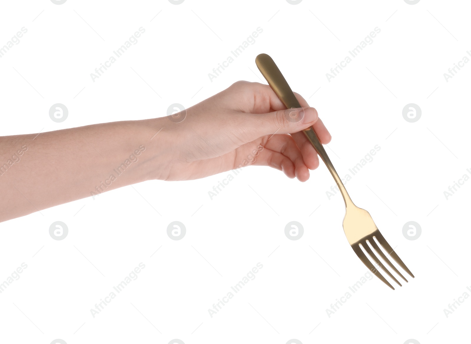 Photo of Woman with shiny golden fork on white background, closeup