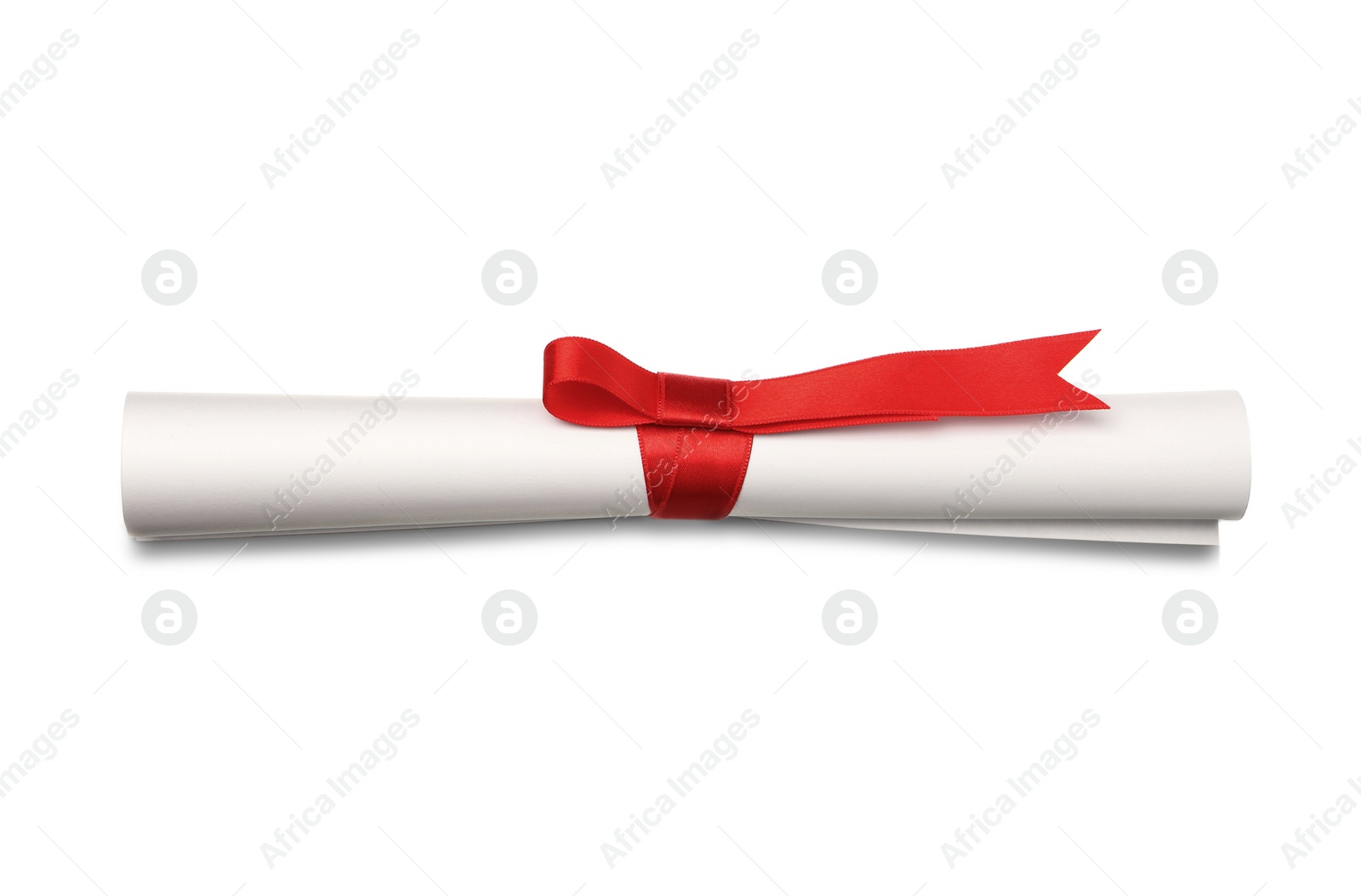 Image of Rolled student's diploma with red ribbon isolated on white