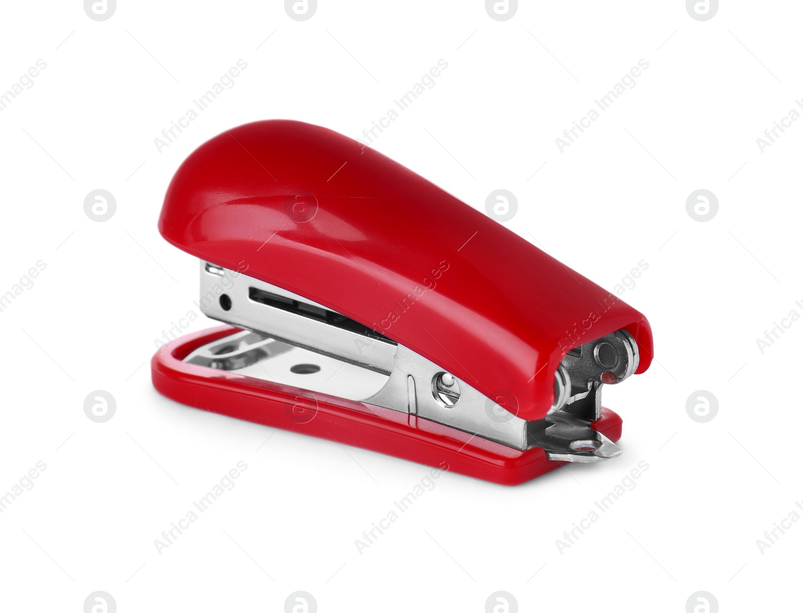 Photo of New bright red stapler isolated on white