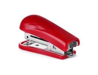 Photo of New bright red stapler isolated on white