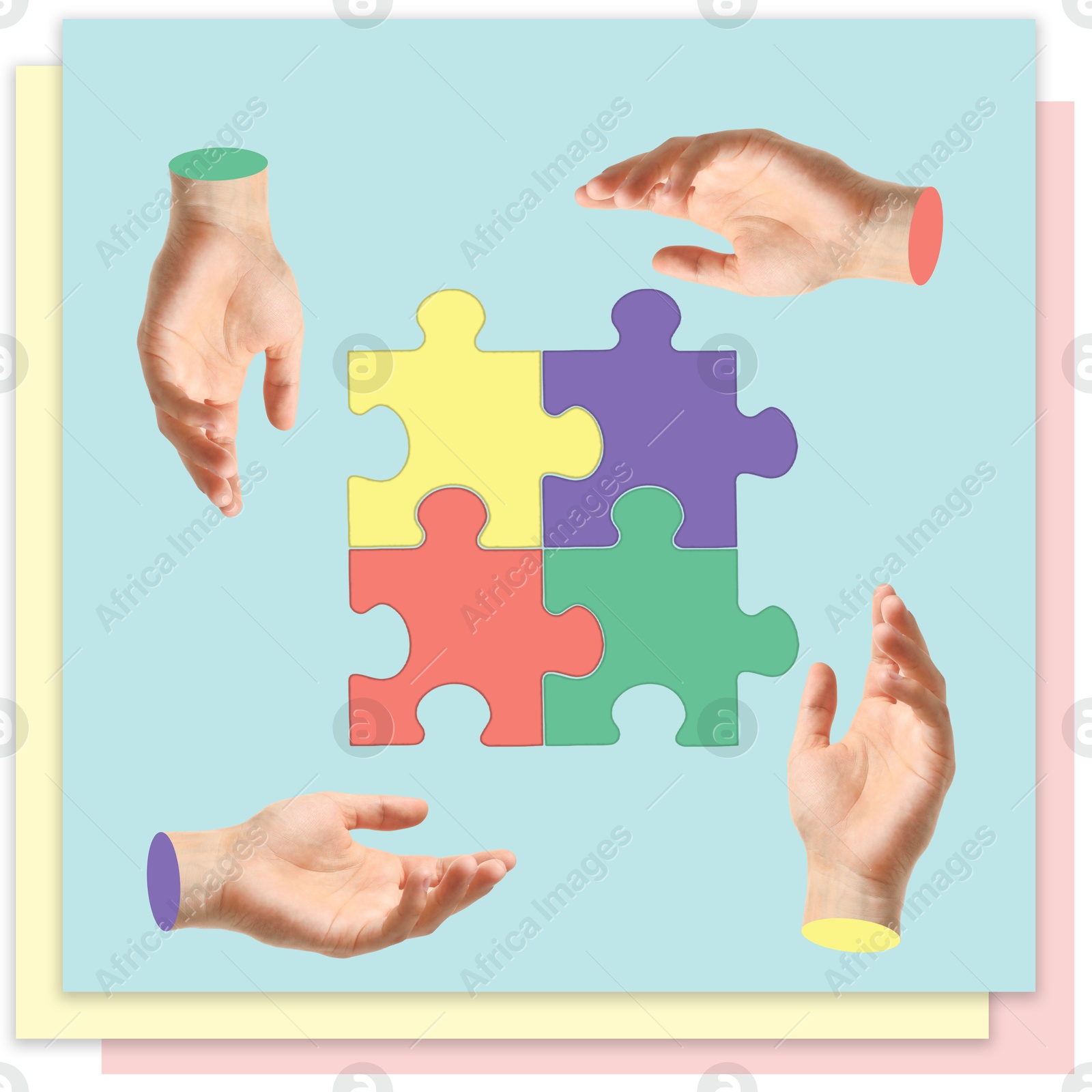 Image of Hands and combined jigsaw puzzle pieces on color background. Stylish art collage