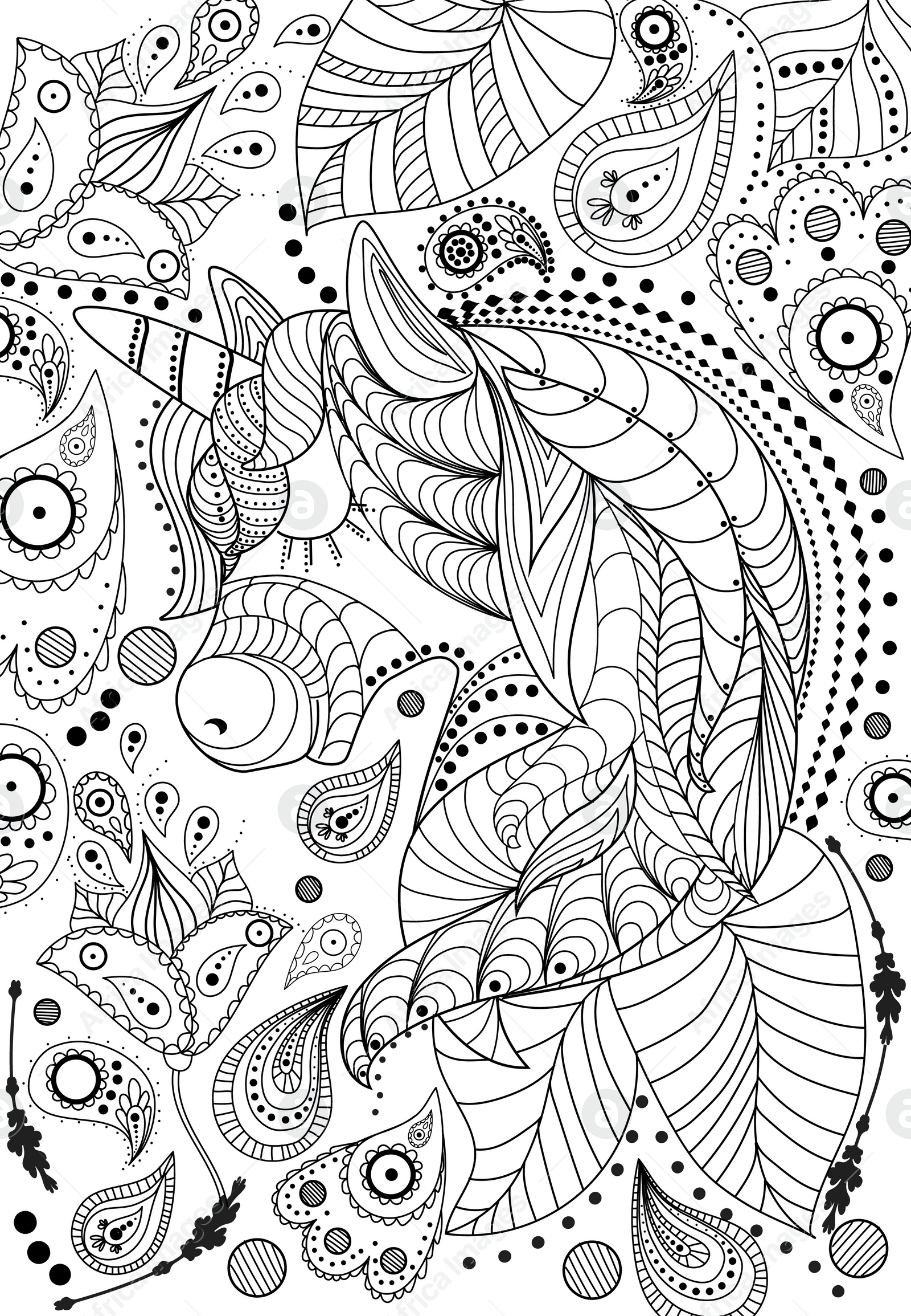 Illustration of Beautiful unicorn and abstract ornaments on white background, illustration. Coloring page