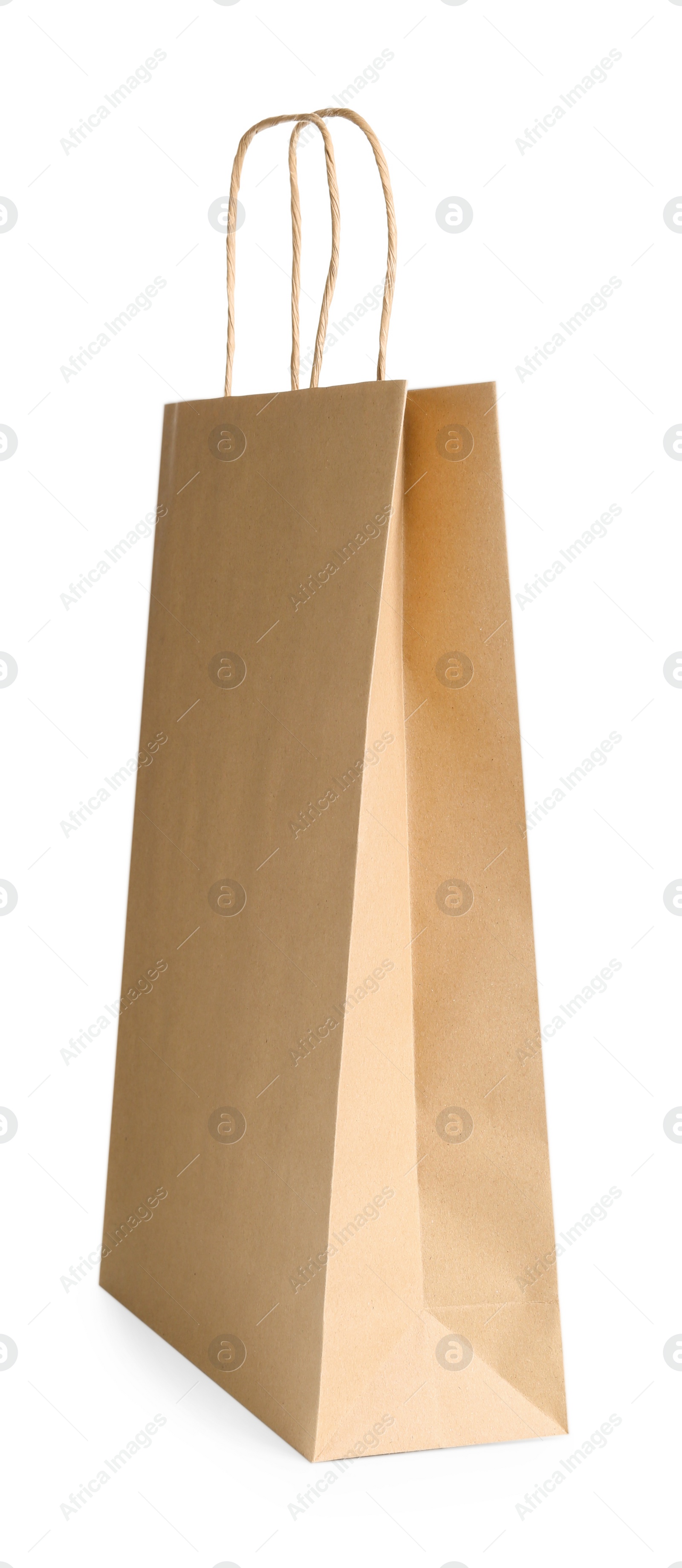 Photo of One kraft paper bag isolated on white. Mockup for design