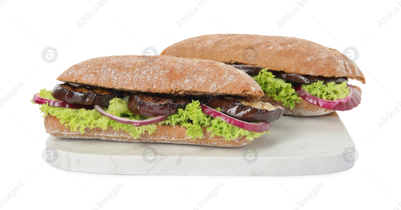 Photo of Delicious fresh eggplant sandwiches on white background