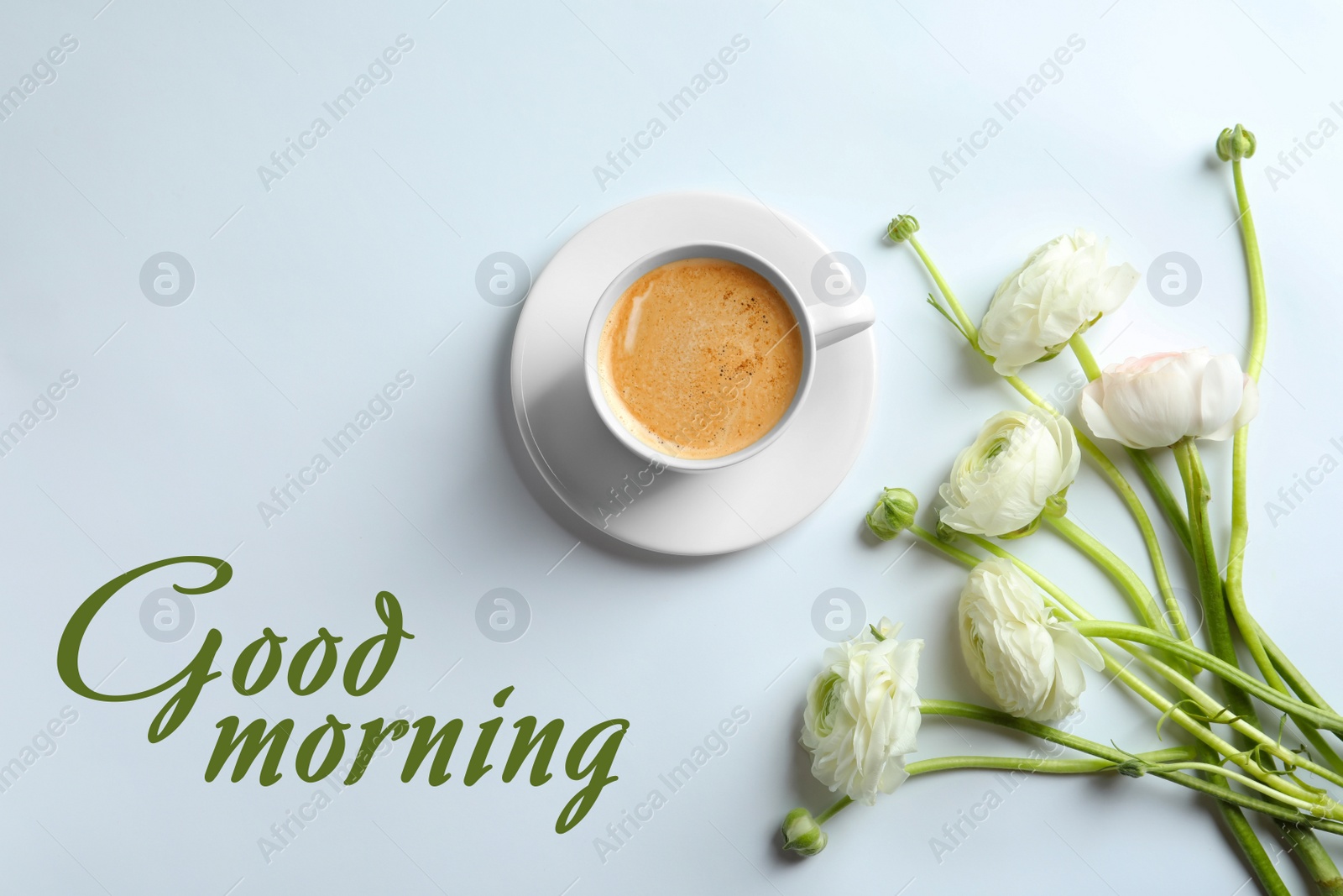 Image of Cup of hot coffee and beautiful ranunculus flowers on white background, flat lay. Good morning