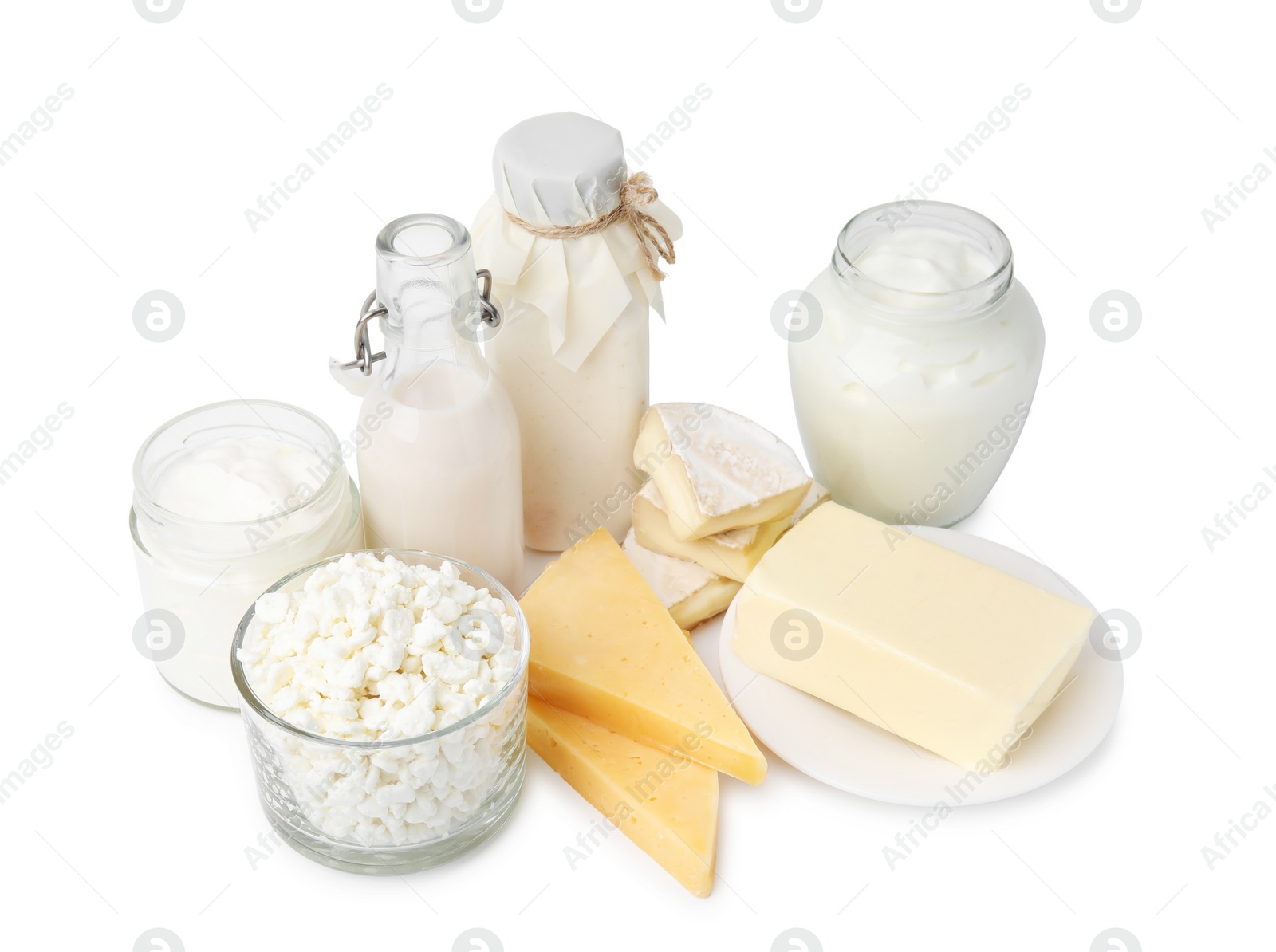 Photo of Different fresh dairy products isolated on white