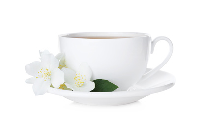 Photo of Cup of tea and fresh jasmine flowers isolated on white