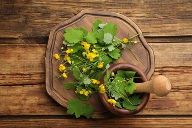 Celandine with mortar, pestle and board on wooden table, flat lay