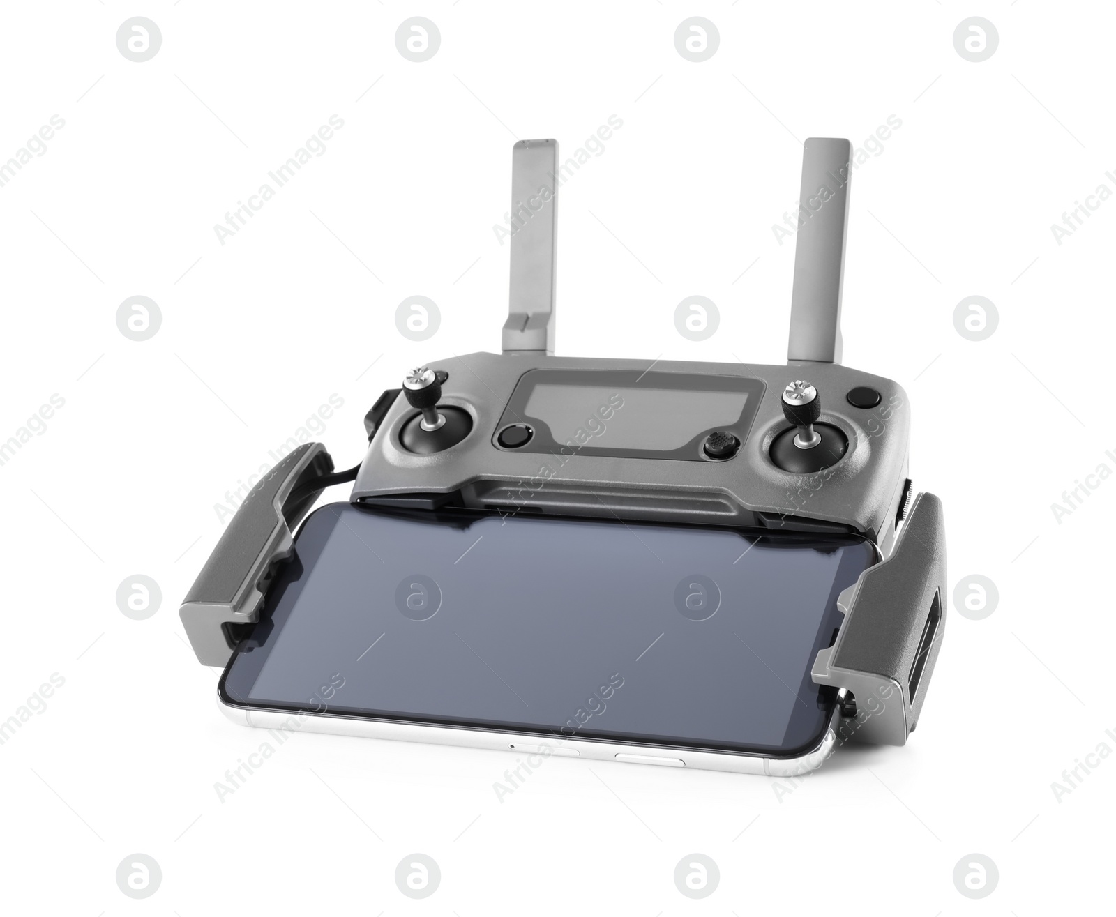 Photo of Drone controller with smartphone isolated on white