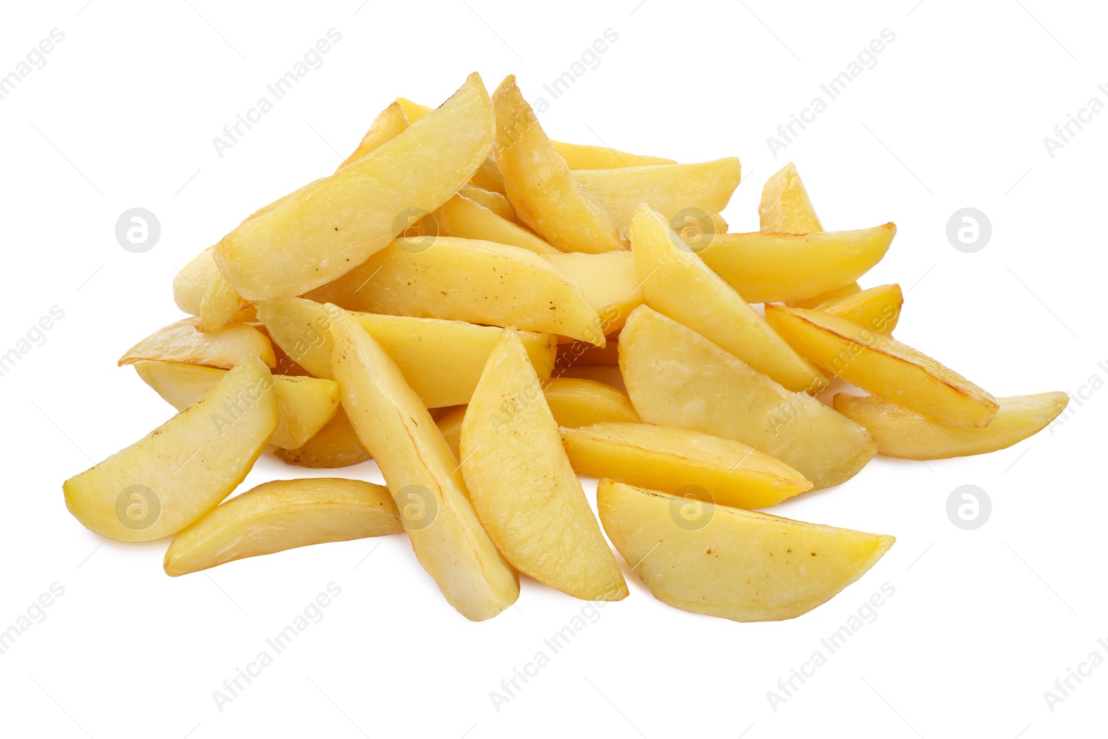 Photo of Tasty baked potato wedges on white background