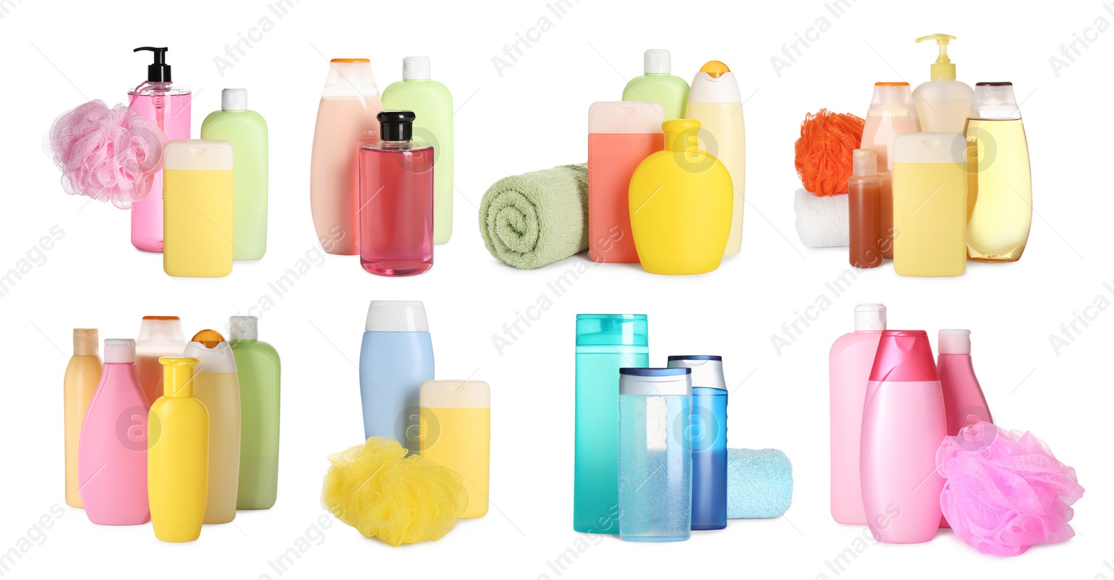 Image of Set with different shower gels on white background. Banner design