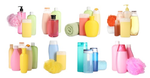 Image of Set with different shower gels on white background. Banner design