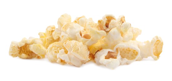 Photo of Fresh popcorn isolated on white. Tasty snack