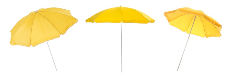 Image of Set with yellow beach umbrellas on white background. Banner design