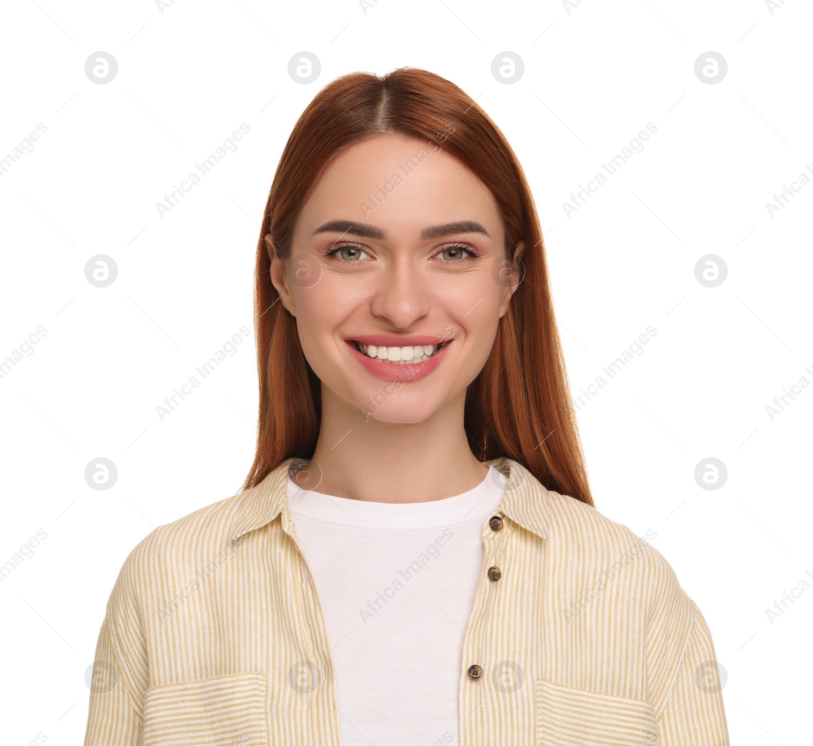 Photo of Beautiful woman with clean teeth smiling on white background