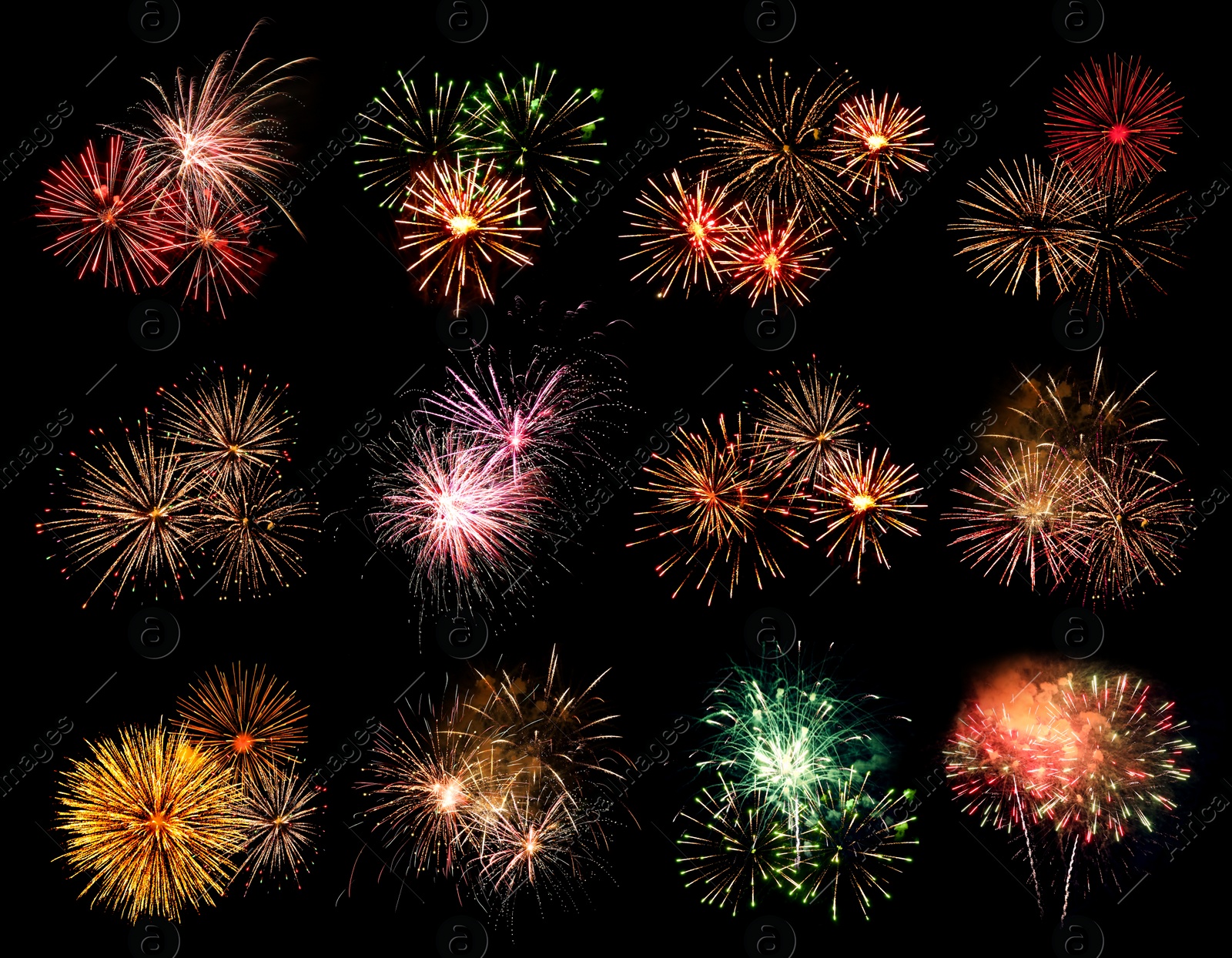 Image of Beautiful bright fireworks on black background, collage 