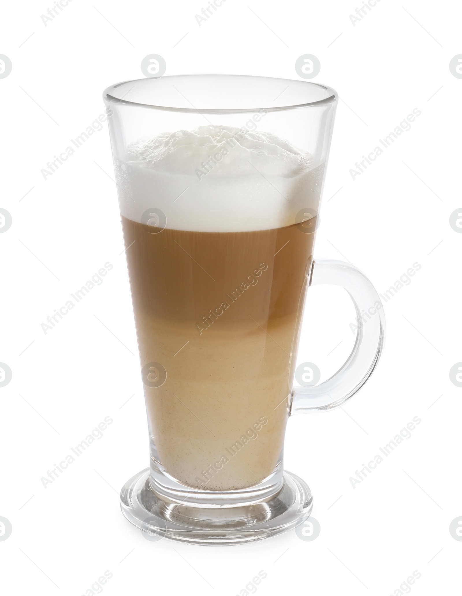 Photo of Glass cup of aromatic coffee with milk isolated on white