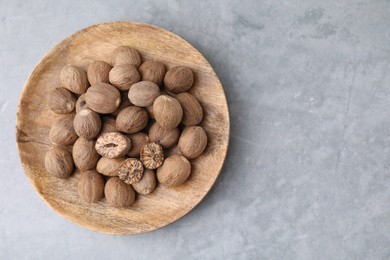Photo of Wooden board with nutmegs on light grey table, top view. Space for text