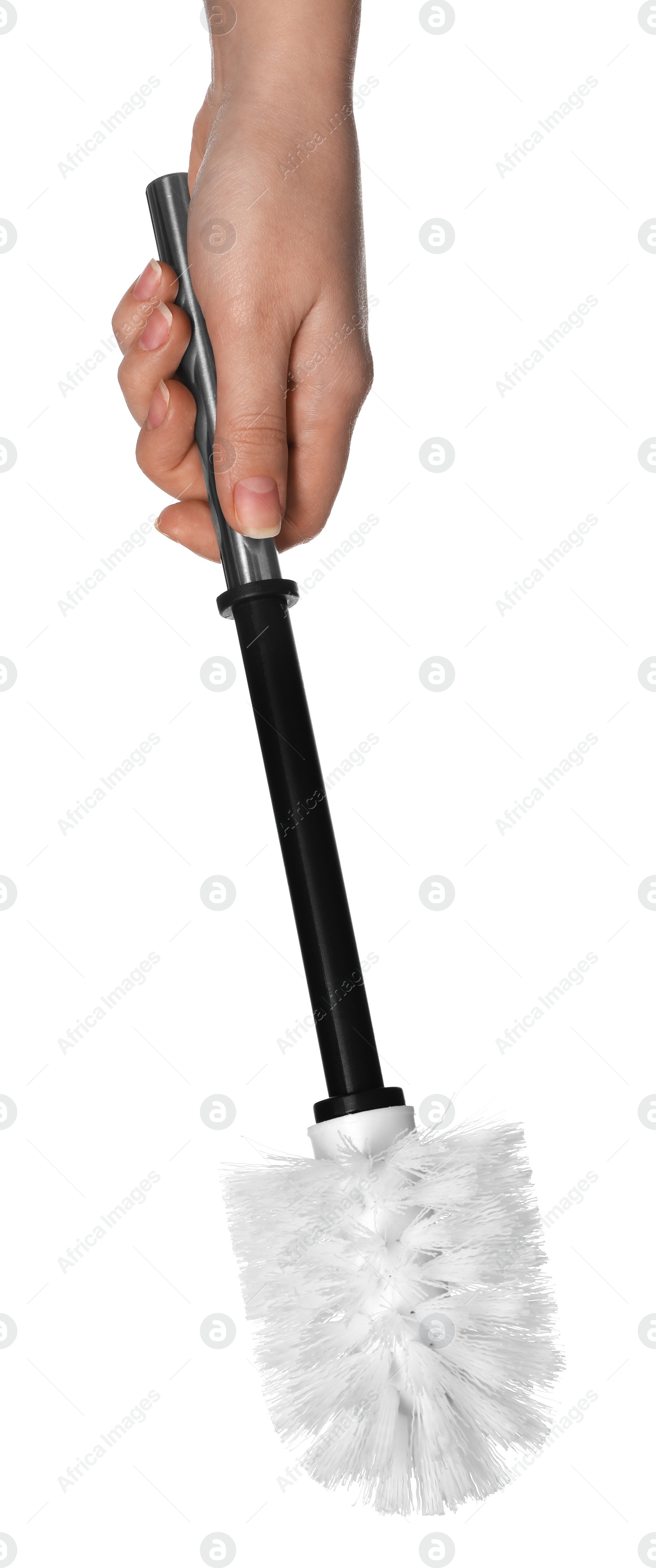 Photo of Woman holding toilet brush on white background, closeup. Cleaning tool