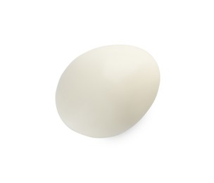 Peeled boiled quail egg on white background, top view