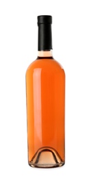 Bottles of delicious rose wine on white background. Mockup for design