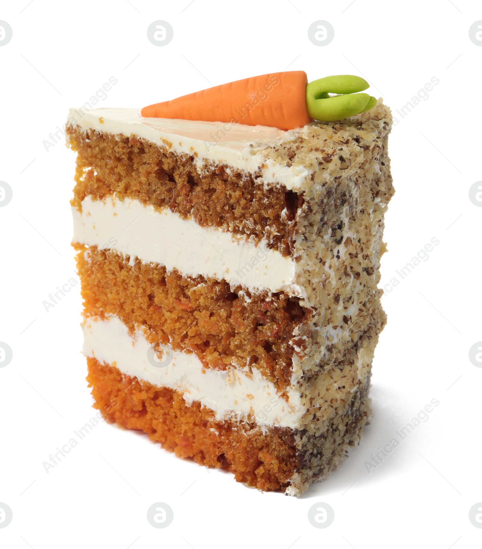 Photo of Piece of sweet carrot cake with delicious cream on white background