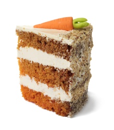 Piece of sweet carrot cake with delicious cream on white background