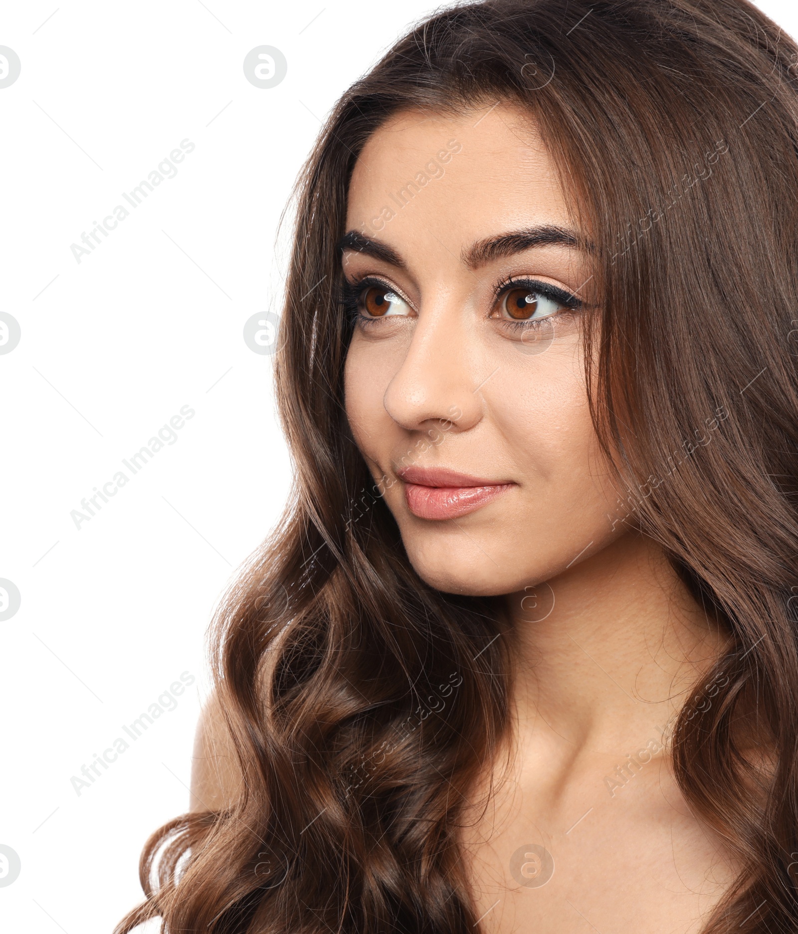 Photo of Beautiful woman with shiny wavy hair on white background. Space for text