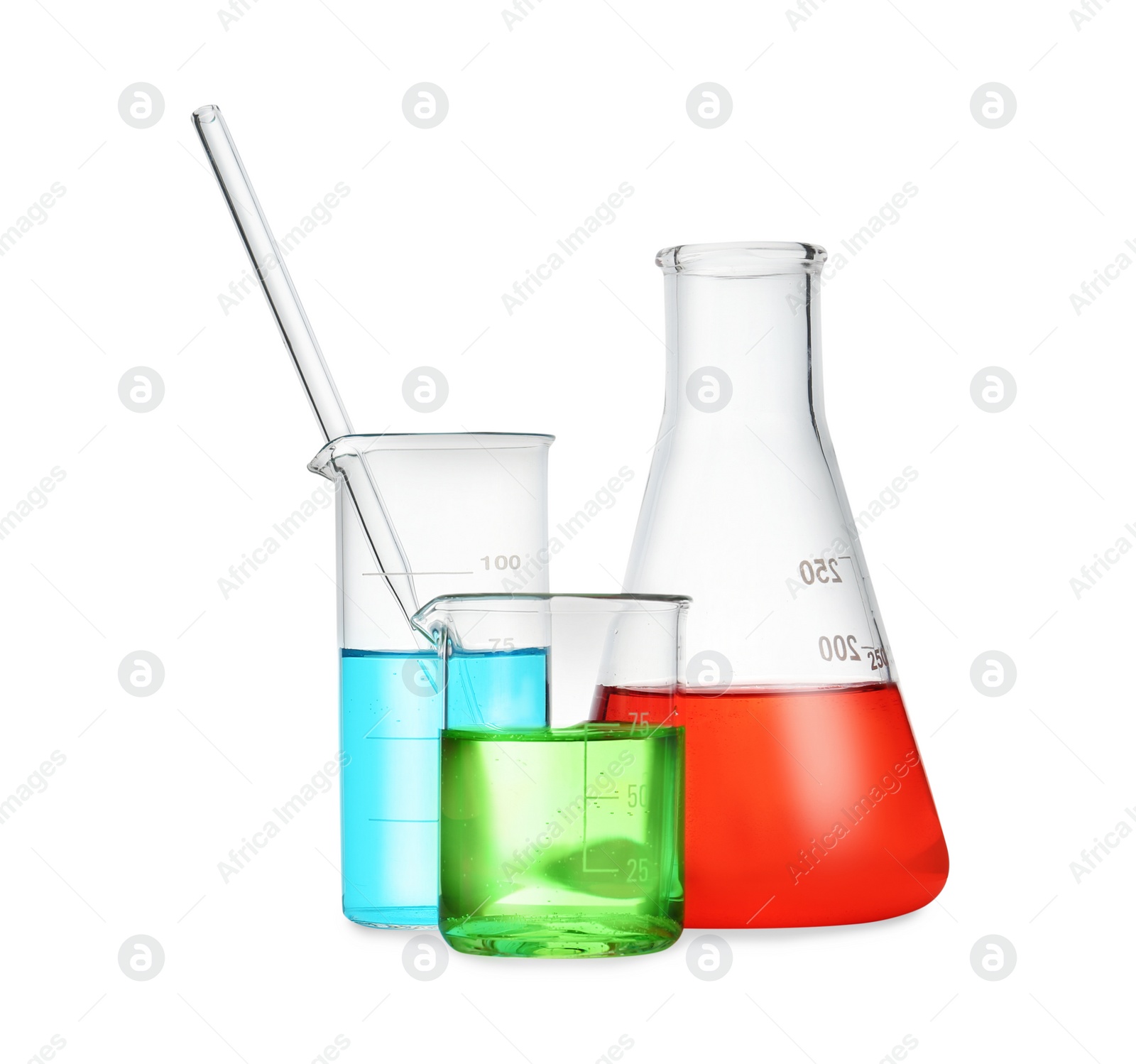 Photo of Different laboratory glassware with color liquid isolated on white