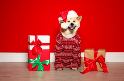 Photo of Cute Akita Inu dog in Christmas sweater and Santa hat near gift boxes indoors