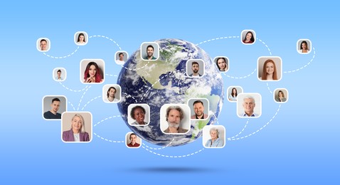 Image of Scheme with avatars linked together as network and globe on light blue background