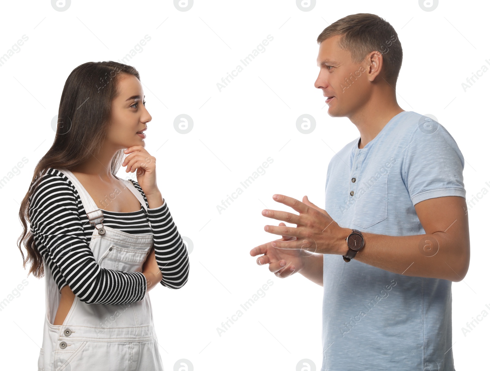 Photo of Man and woman talking on white background