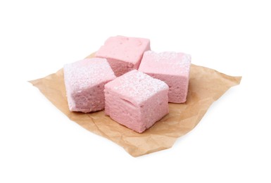 Photo of Delicious sweet marshmallows with powdered sugar isolated on white