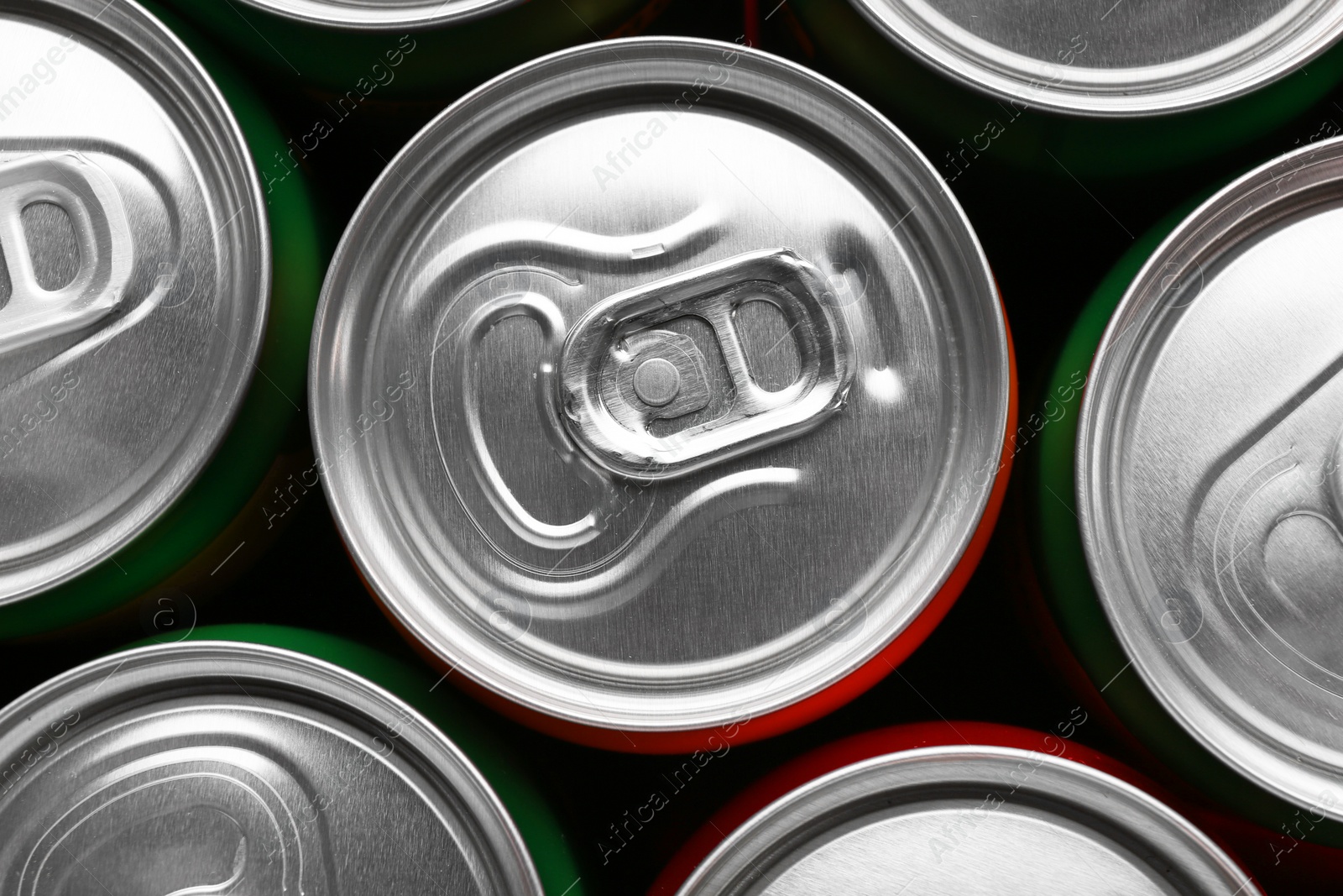 Photo of Energy drink in cans, top view. Functional beverage