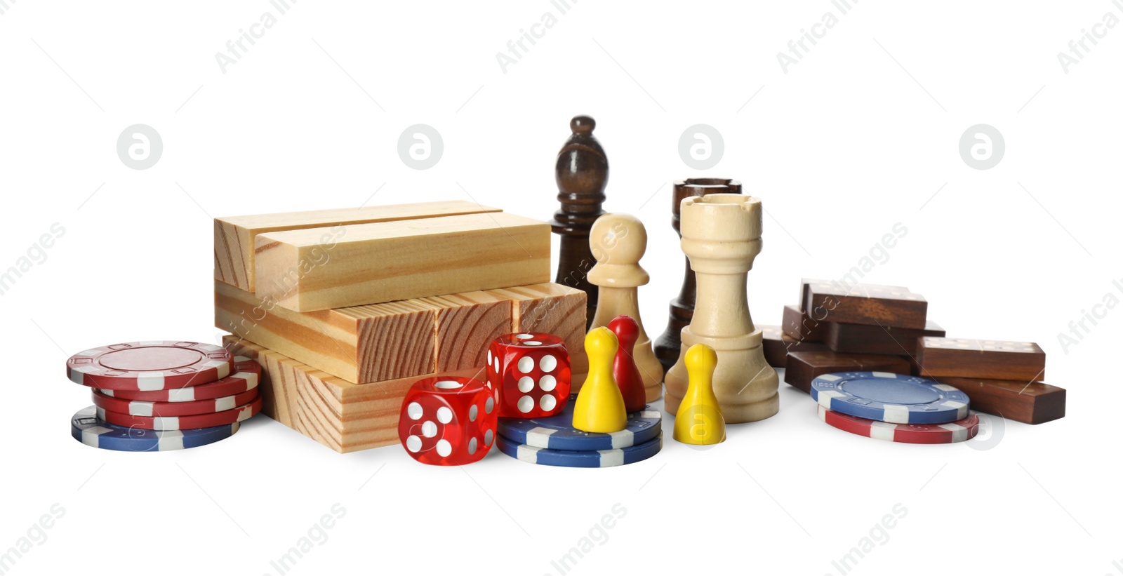 Photo of Elements of different board games on white background