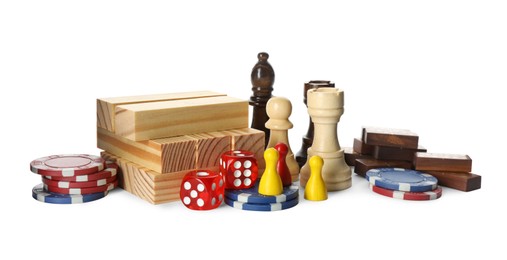 Photo of Elements of different board games on white background