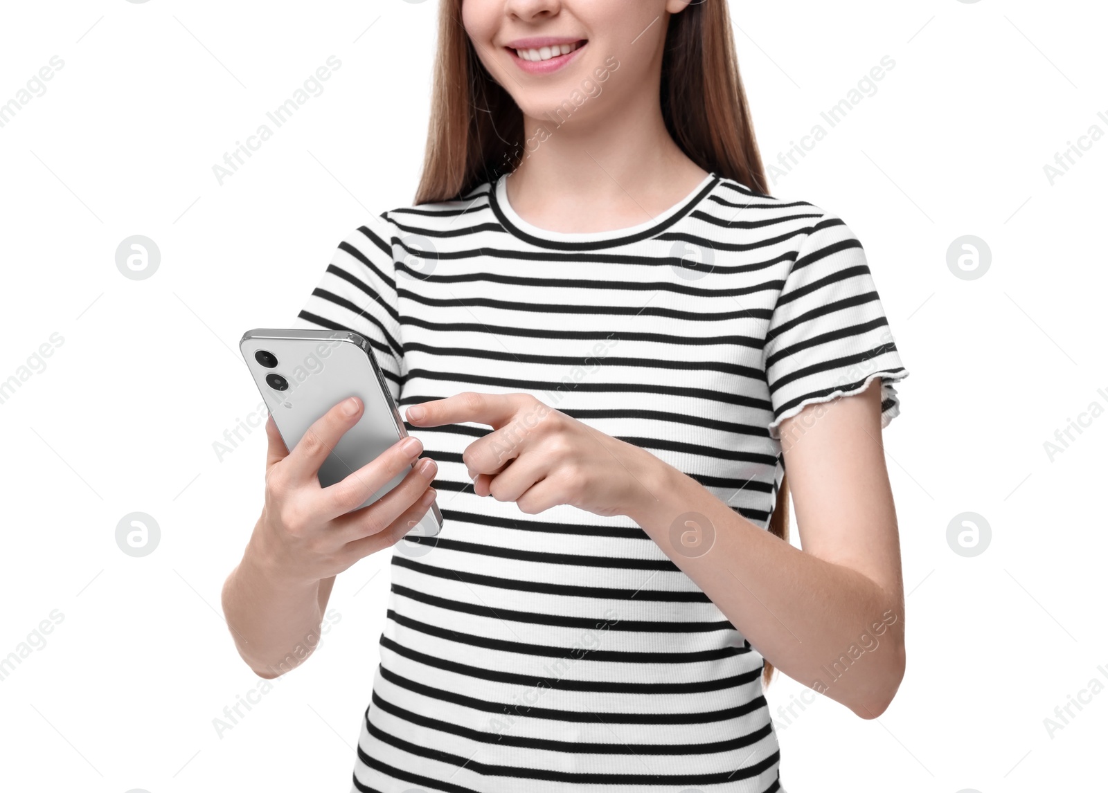 Photo of Woman sending message via smartphone isolated on white, closeup