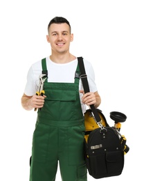 Young plumber with tool bag on white background