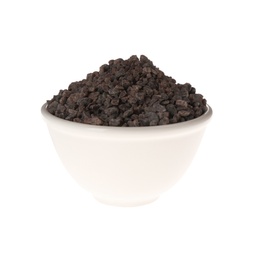Photo of Black salt in ceramic bowl isolated on white