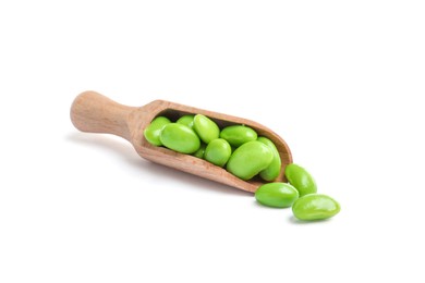 Photo of Wooden scoop with fresh edamame soybeans on white background