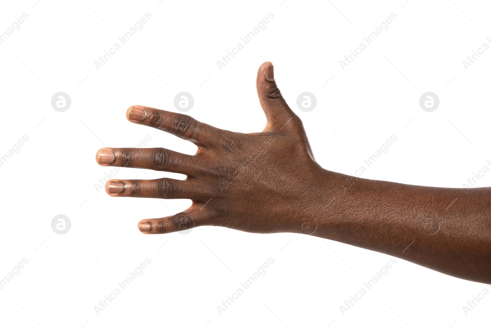 Photo of African-American man extending hand for shake on white background, closeup