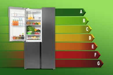 Image of Energy efficiency rating label and refrigerator on green background