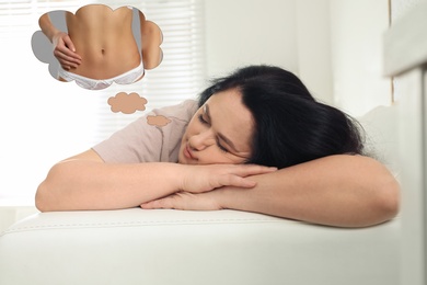 Image of Overweight woman seeing dreams about slim body while sleeping. Weight loss concept