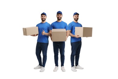 Image of Delivery service. Happy courier with cardboard boxes on white background, collage of photos