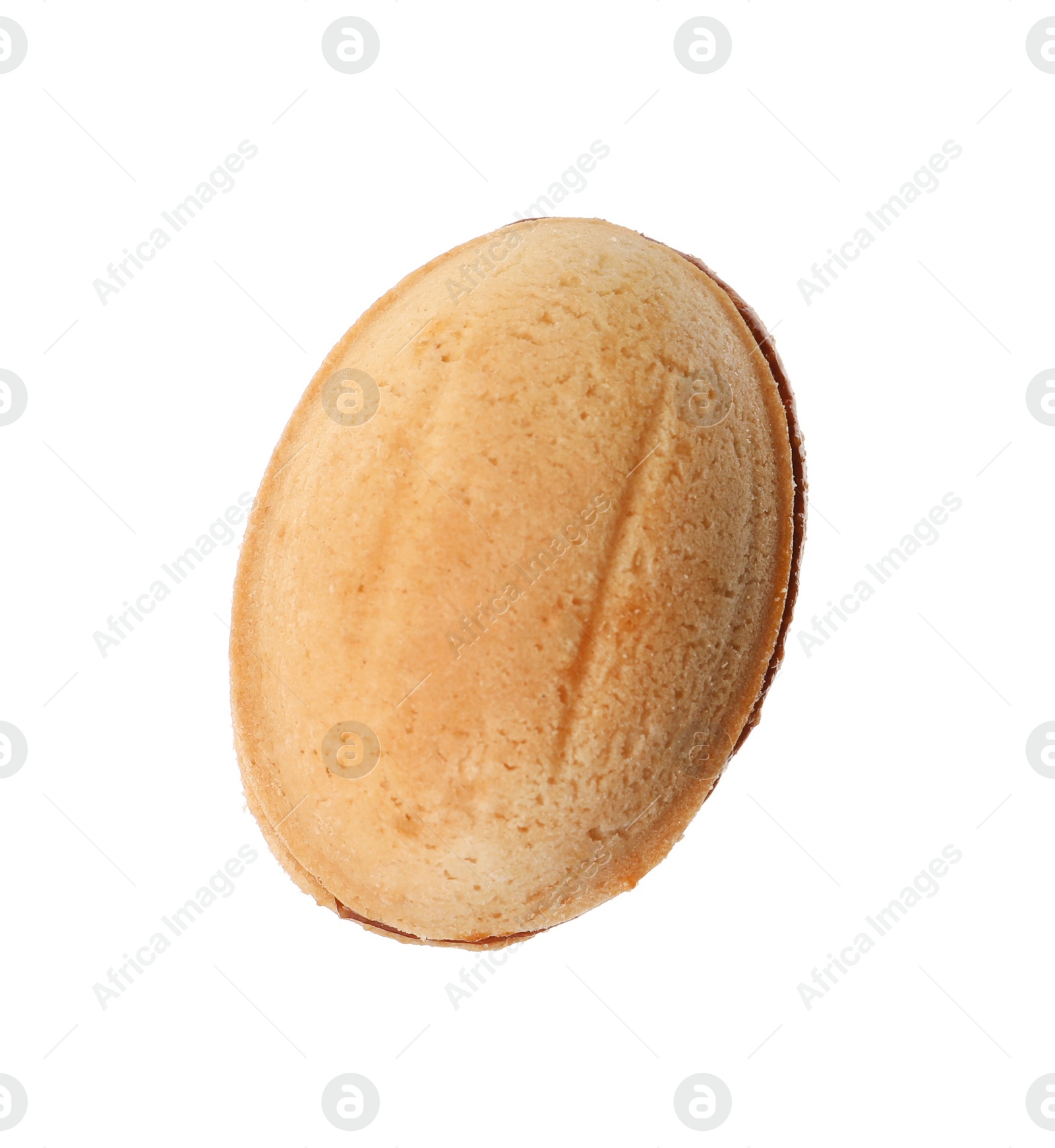 Photo of Delicious nut shaped cookie with boiled condensed milk isolated on white